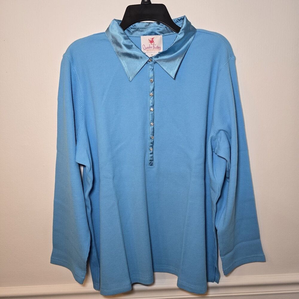 Quacker Factory Womans Collared Button Up Henley Thermal Light Blue Cotton Sz 1X